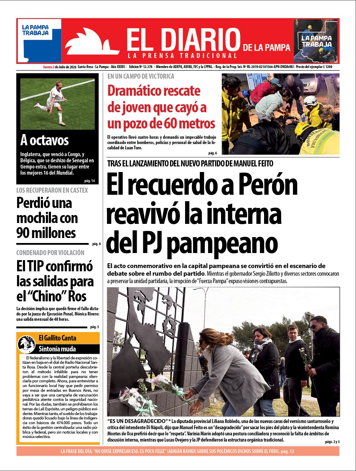 Tapa de El Diario en papel  jueves 02 de julio de 2026